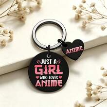 Llavero Exclusivo de Chica de Anime JUST A GIRL WHO LOVES ANIME Etiqueta de Acero Inoxidable Negro + Colgante de Corazón Regalo para Amantes del Anime Mercancía de Anime Colgante Adecuado para Estudiantes/Fans del Anime - Llavero de anime - Ver 2