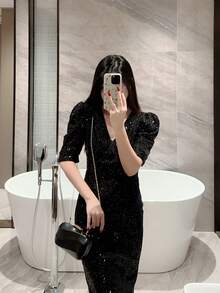 1個靜奢風不對稱造型方盒晚宴手拿包，浪漫婚禮手提包，春夏斜背鏈條包，新娘正式派對包，舞會手拿包，優雅晚禮服包 - 黑色 - 查看 11