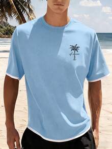 Men's Graphic T-Shirt, Short Sleeve For Travel And Outings, Personalized Print, Beach Vacation, Fashionable And Practical - Baby Blue - View 2