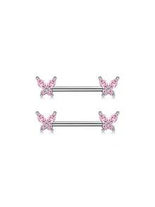2 piezas de anillos para pezones, joyería de perforación de pezón con barras rectas, joyería de perforación corporal con mariposa, barras de pezón con CZ - Multicolor - Ver 6
