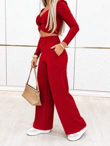 Solid Color High-Waisted Trousers, Casual And Versatile For Everyday Wear, For Spring - Red - View 9