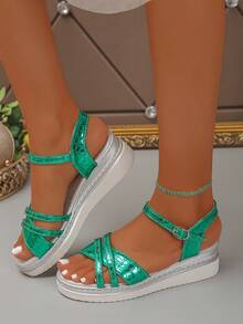 Women's Wedge Platform Sandals, Solid Color Beach Buckle Comfortable Height-Increasing Versatile Open Toe Summer Vacation Sandals - Green - View 4