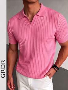GRDR Men's Summer Airplane Collar Ribbed Solid Color Short Sleeve Knit Sweater, Suitable For Summer Outings, Essential For Fashionable Styling - Pink - View 5