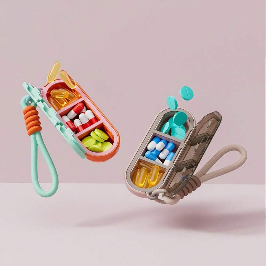 Dopamine-Colored Portable Braided Lanyard Three-Compartment Pill Box With Sealing Ring, Waterproof And Moisture-Proof, Individual Compartments For Carrying Health Supplements And Vitamins - View 1