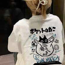 Camiseta de Manga Ccomndota para Mujer, Cuello Redondo, Ajuste Holgado, Estilo Versátil y Moderno, Estampado de Gatito, Largo Medio, Ideal para Primav - Blanco - Ver 1