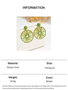OOQ 1 Pair Summer Bohemian Style Geometric Round Hollow Fan-Shaped Raffia Straw Woven Earrings, Dopamine Colorful Exaggerated High-End Personalized Design Versatile Women's Earrings, Gift For Party, Music Festival, Dance, Any Holiday (Purely Handmade Raffia Straw Weaving Method, Direction And Shape Random) - Green - View 5