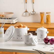 3-Piece Kitchen Storage Canister Set, White Metal Potato Onion Garlic Storage Bins With Lids, Ventilated Food Storage Containers, Farmhouse Style Kitchen Root Vegetable Storage Rack, Fresh-Keeping - White - View 4