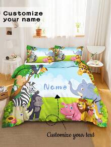 2/3pcs Set Customized Animal Zoo Jungle Style Bedding Set, Soft Polyester Fabric With Personalized Text And Wild Animal Print Details, Breathable And Durable, Suitable For Boys' Bedroom And Jungle Theme Room, All Season Use - Multicolor - View 1