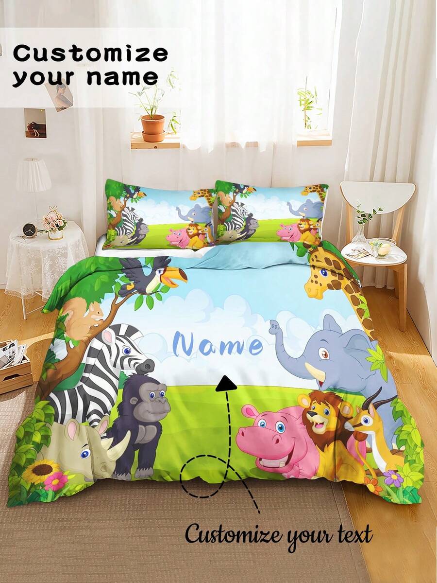 2/3pcs Set Customized Animal Zoo Jungle Style Bedding Set, Soft Polyester Fabric With Personalized Text And Wild Animal Print Details, Breathable And Durable, Suitable For Boys' Bedroom And Jungle Theme Room, All Season Use - Multicolor - View 1