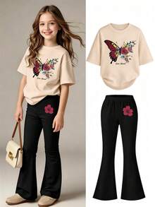1 Set Leopard Print & Bow Graphic Short Sleeve T-Shirt And Flare Pants Outfit, Casual Loose Fit Round Neck Tee For Teenage Girls, Suitable For Spring And Summer Wear At School Or Outdoor - Multicolor - View 1