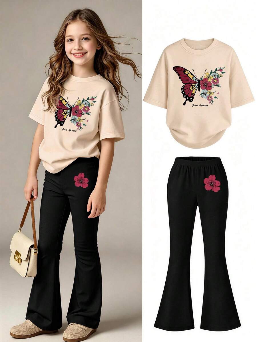 1 Set Leopard Print & Bow Graphic Short Sleeve T-Shirt And Flare Pants Outfit, Casual Loose Fit Round Neck Tee For Teenage Girls, Suitable For Spring And Summer Wear At School Or Outdoor - Multicolor - View 1