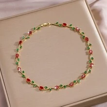 1 Pieza Collar de Lujo Brillante con Tulipán de Circonita Cúbica para Mujeres Color Dorado CZ Cristal Gargantilla Joyería de Moda para Boda Regalos - Oro, rojo y verde - Ver 11