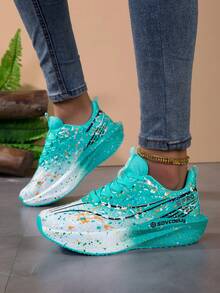 Women Color Splatter Graffiti Print Running Sneakers, Breathable Mesh Upper Cushioned Speckled Thick Sole Athletic Shoes, Lightweight Lace Up Sport Trainers For Jogging Daily Workout - Blue - View 3