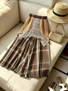 Women's Bohemian Plaid Patchwork Contrast Color Design Skirt, Autumn/Winter Fashion Casual Flare Skirt Summer - Coffee Brown - View 1