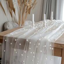 1pc Pearl White Mesh Fabric With Pearl Embellishments, Translucent Wedding Backdrop Curtain, Decorative For Wedding Dress, Wedding Party Decor, Photography Backdrop, Tablecloth, Table Runner, Banner, Gift Wrapping, Elegant Beaded Mesh Suitable For DIY Crafts, Ceremony Decor, Bridal Shower, Home Decor, Event Backdrop - White Pearl - View 20