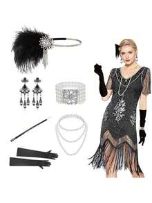 20 Pieces Women's 1920s Accessories Set: Robe, Great Gatsby-Style Feather Headpiece, Faux Pearl Necklace, Gloves Prom Halloween - Multicolor - View 1