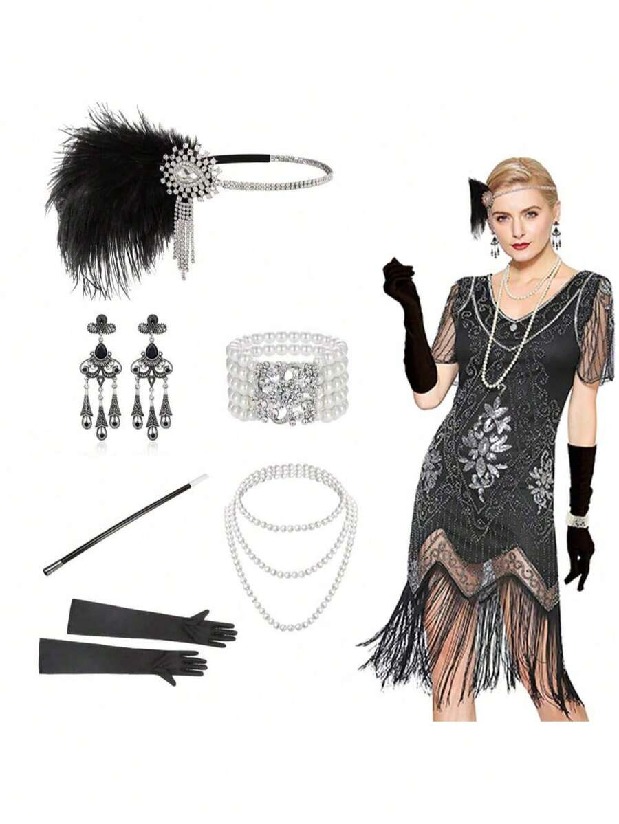20 Pieces Women's 1920s Accessories Set: Robe, Great Gatsby-Style Feather Headpiece, Faux Pearl Necklace, Gloves Prom Halloween - Multicolor - View 1