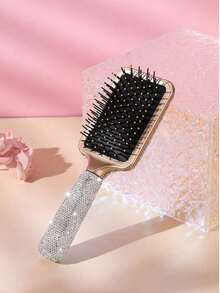 1pc Premium Artificial Diamond Inlaid Long Handle Air Cushion Massage Comb, Scalp Relaxation Massage Comb - Silver - View 2
