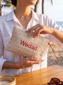 Personalized Embroidered Straw Makeup Bag, Lightweight Bohemian Style Straw Clutch, Bridal Party Gift, Gift For Her, Customized Toiletry Bag, Customized Embroidered Name, Customized Makeup Bag Organizer, Letter Embroidered Makeup Bag, Bridesmaid Gift Box, Suitable For Beach Vacation - Multicolor - View 8