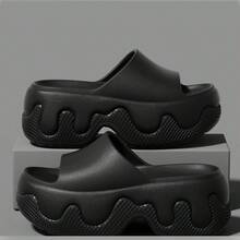 Women's All-Season EVA Wavy Thick Sole Slide Sandals, Home Casual Wear Solid Color Melting Design Minimalist Height-Increasing Slip-On Slippers - Black - View 2