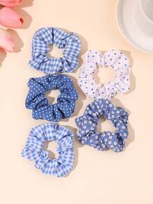 5 PIEZAS Elásticos para el cabello con estampado floral azul, coleteros de moda para niñas, estilo de academia a cuadros, adecuados para uso diario en todas las estaciones, accesorios para el cabello de adolescentes, regalo para niñas, escuela - Multicolor - Ver 6