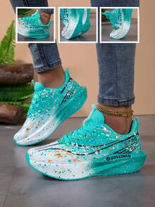 Women Color Splatter Graffiti Print Running Sneakers, Breathable Mesh Upper Cushioned Speckled Thick Sole Athletic Shoes, Lightweight Lace Up Sport Trainers For Jogging Daily Workout - Blue - View 10