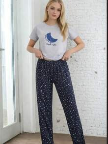 Kadın baskılı pıjama altı ve tshirt - 淺灰色 - 查看 3