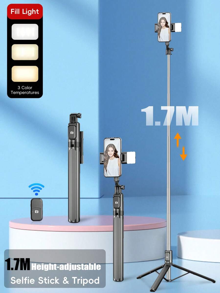 超輕量 1.7m 自拍棒三腳架,附 3 段亮度補光燈、藍牙遙控器,便攜設計,適用 與 Android,適合旅行與團體拍照 - 彩色 - 查看 1