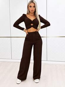 Solid Color High-Waisted Trousers, Casual And Versatile For Everyday Wear, For Spring - Khaki - View 9