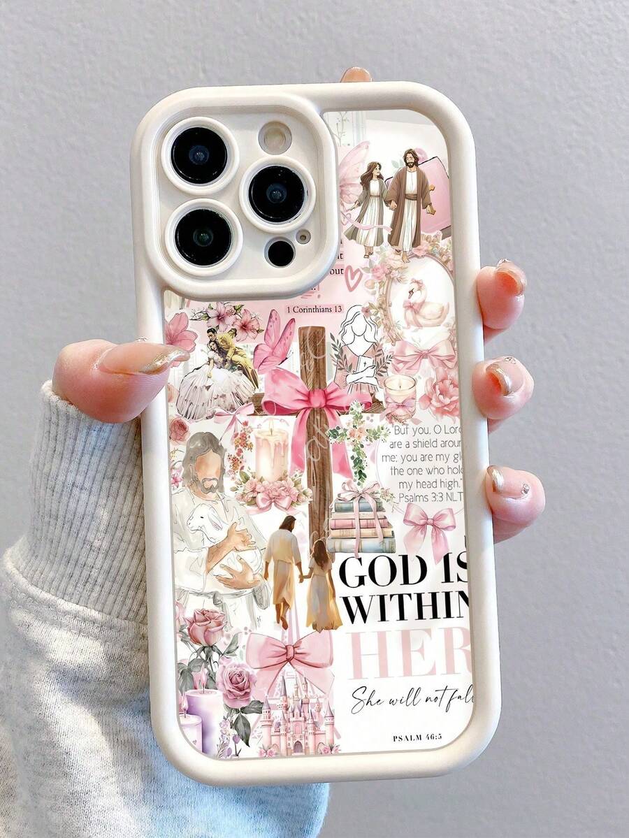 1 Piece Of Fashionable Cross & Jesus Girl Slogan Patchwork Pattern Full Coverage Fingerprint-Resistant Soft Phone Case, Compatible With IPhone 16 Pro Max/16/16 Pro/16 Plus/15/15 Pro Max/15 Pro/11/12/13/14 Pro Max/11 Pro/11 Pro Max/12 Pro/12 Pro Max/13 Pro/13 Pro Max/14 Pro/14 Pro Max, Creative High-Quality Design. - 白色 - 查看 1