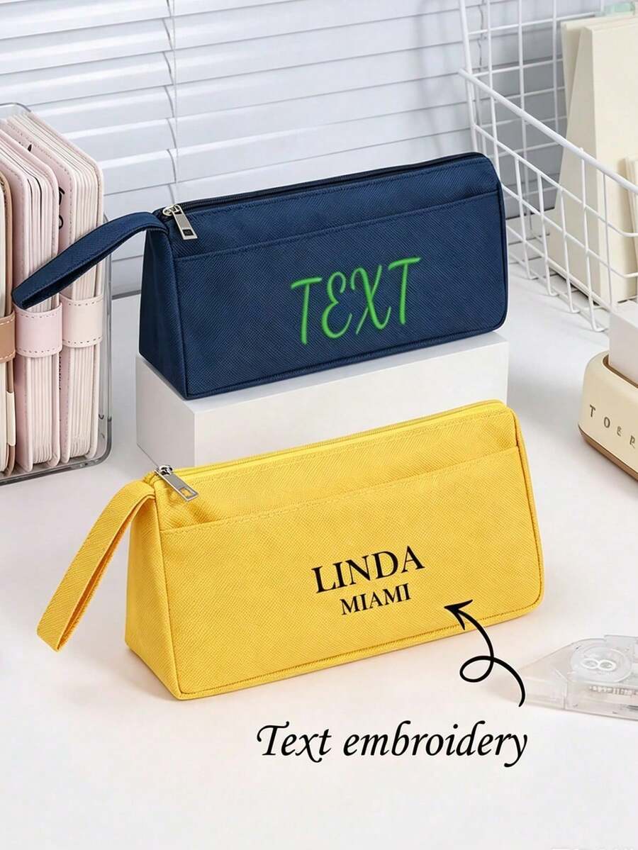 Estuche de lápices de unicolor con nombre personalizado impreso, bolsa de lápices portátil con nombre personalizado, bolsa de papelería de varios compartimentos de color macaron, adecuada para estudiantes para uso diario de vuelta a la escuela
