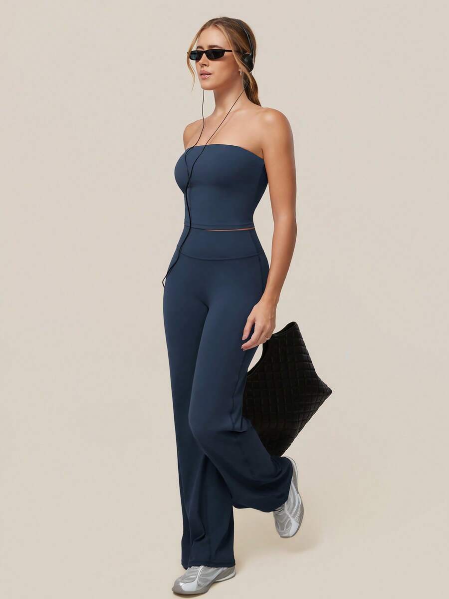 TimeOff Women's One Set Solid Color Removable Padded Strapless Bandeau Top & High Waist Wide Leg Pants Sports Set - Blue - View 1