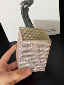 1pc Rhinestone Decorated Square Makeup Brush Holder, Large Capacity, Colorful Rhinestone Inlaid Surface, Luxurious Sparkling Style, Full Rhinestone Pattern, Square Column Shape, Neat Edge Details, Makeup Tool Container, Suitable For Bedroom Vanity, Makeup Room Tabletop And Other Scenes - Multicolor - View 3