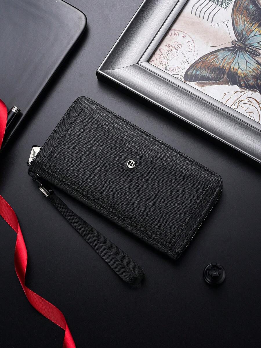 SHABILI 1pc Solid Color PU Large Capacity Zipper Business Wallet Clutch Phone Bag For Men, Commuting, Student, Daily Use