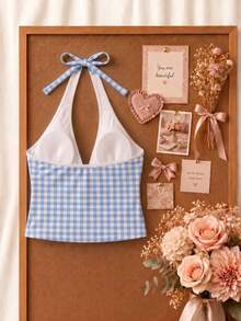 New Summer Fresh Sweet Cute Style Blue And White Plaid Halter Neck Bikini Set For Beach Vacation And Casual Wear - Multicolor - View 4