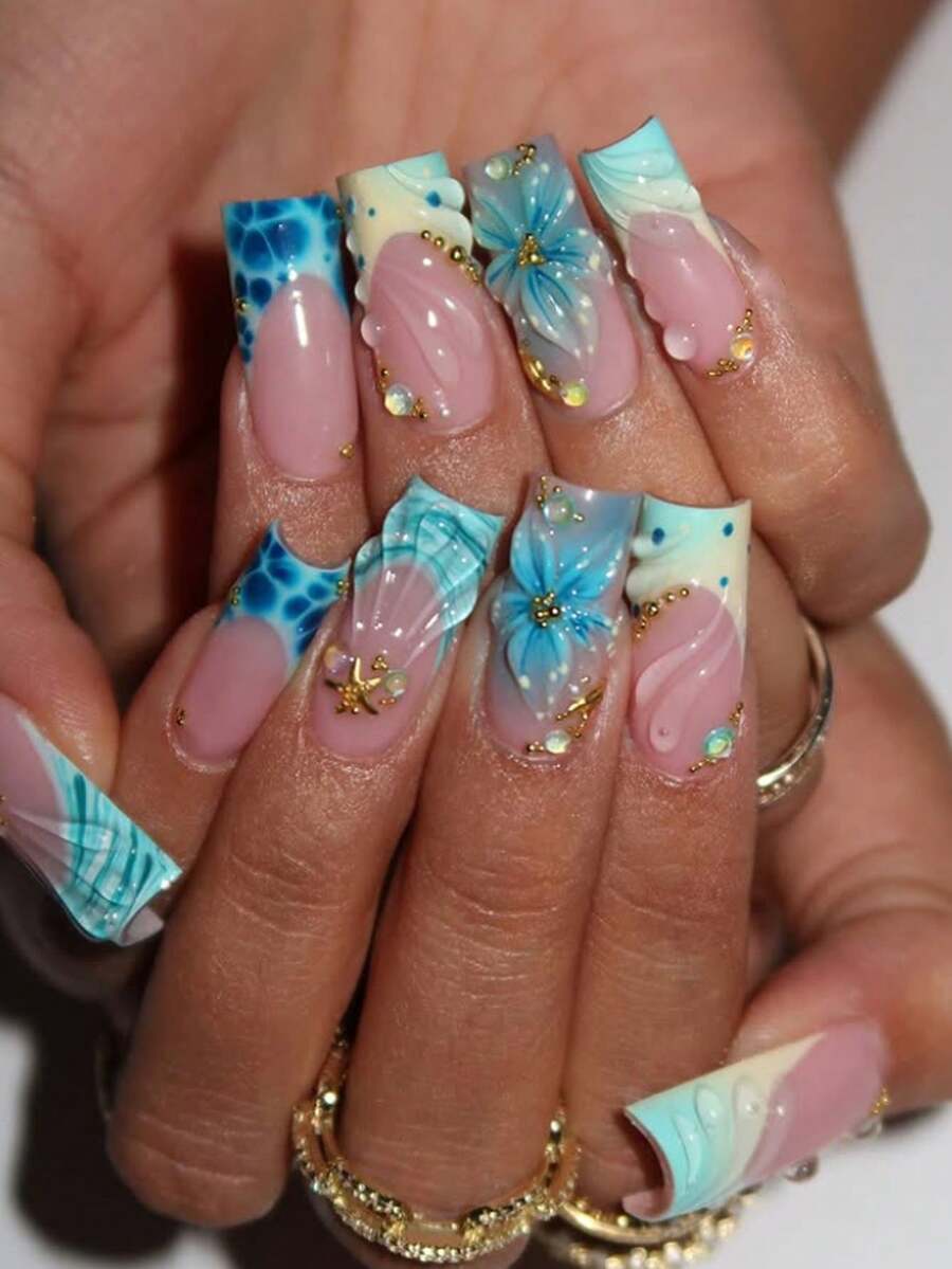 Change Your Nails With It 24片/組 Y2K甜酷風夏季清爽藍綠海洋漸層波浪法式3D花朵海星貝殼裝飾中長款穿戴甲,適合女孩與女性日常佩戴、夏季海灘、開學必備假指甲 - 彩色 - 查看 1