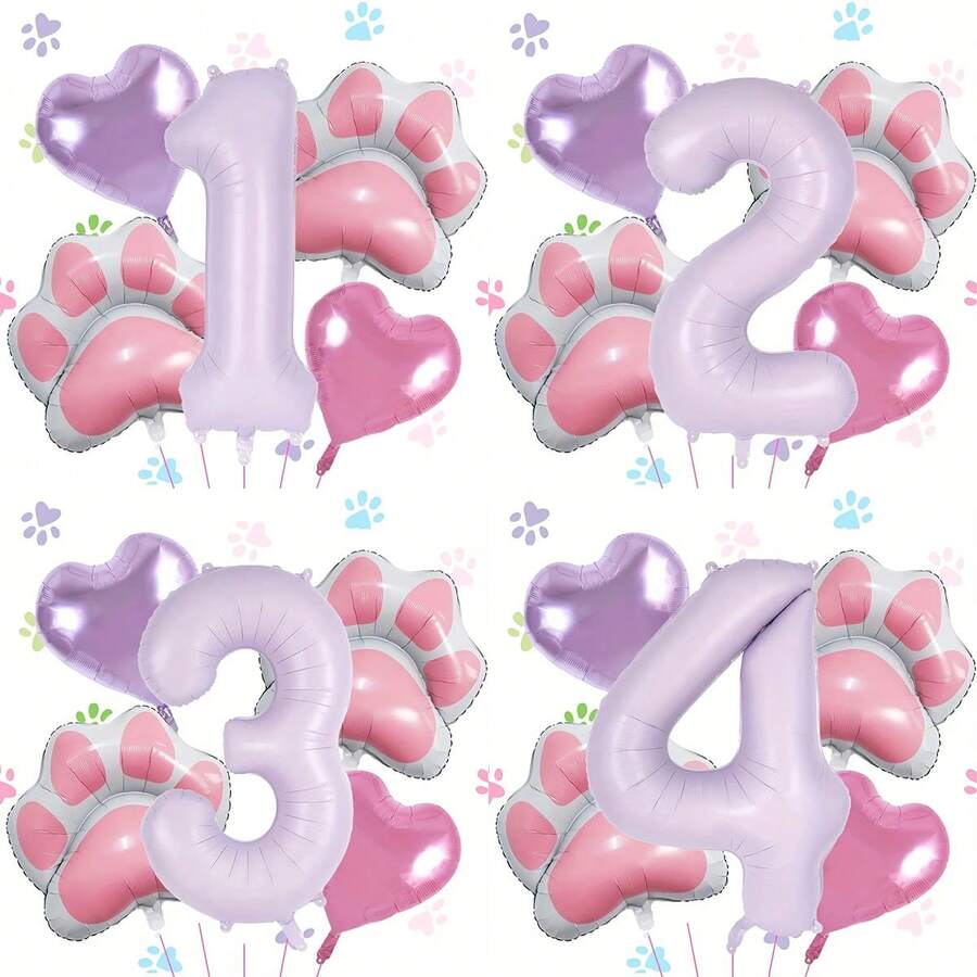 40-Inch Cream Purple Number (1-9) Aluminum Foil Balloons Set For Pet Themed Birthday Parties, Including Pink Paw-Shaped Heart Balloons, 1 Roll Of Purple Ribbons, And Inflation Straws For Pet Theme Dog Birthday Party Balloons Decorations Supplies - Purple - View 1