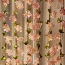 1pc Leaf Cherry Blossom Vine String Lights, Artificial Hydrangea Vine, Hanging Faux Hydrangea Vine Suitable For Room Anniversary, Wedding, Birthday, Mother's Day, Father's Day, Thanksgiving, Party Decoration Leaf Garland, Floral Wreath, Pink Gradient Flowers, Battery Box Powered (Batteries Not Included) - Cherry Blossoms - View 1