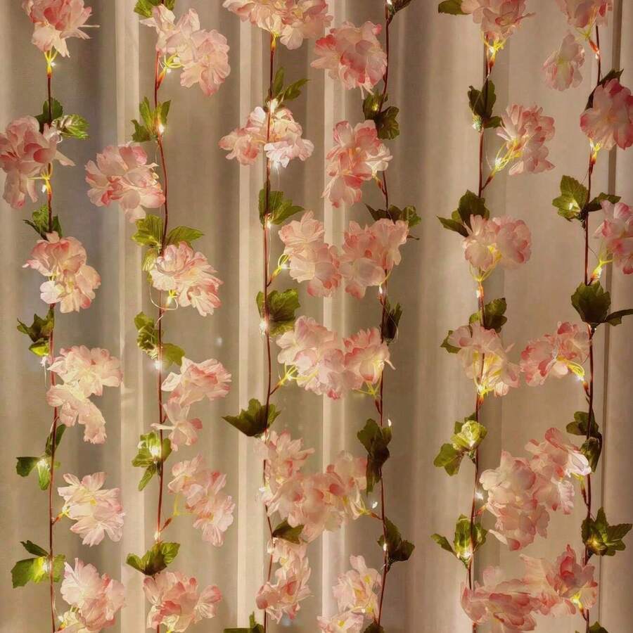 1pc Leaf Cherry Blossom Vine String Lights, Artificial Hydrangea Vine, Hanging Faux Hydrangea Vine Suitable For Room Anniversary, Wedding, Birthday, Mother's Day, Father's Day, Thanksgiving, Party Decoration Leaf Garland, Floral Wreath, Pink Gradient Flowers, Battery Box Powered (Batteries Not Included) - Cherry Blossoms - View 1