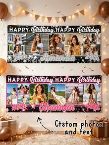 Individuelles Foto-Geburtstagsbanner, personalisierter Name & Alter Happy Birthday Hintergrund, anpassbar mit mehreren Fotos & Text, 21. 24. 30. 40. Geburtstagsparty Dekorationen für Frauen, wandmontiertes Foto-Collage Geburtstagsbanner - Verschiedenfarbig - Übersicht 1