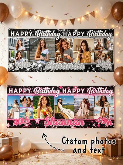 Băng rôn sinh nhật in ảnh tùy chỉnh kèm tên và tuổi, phông nền Happy Birthday cá nhân hóa, tùy chỉnh nhiều ảnh và văn bản, phụ kiện trang trí tiệc, biển treo tường sinh nhật cho nữ 21, 24, 30, 40 tuổi, băng rôn sinh nhật ghép ảnh cá nhân hóa
