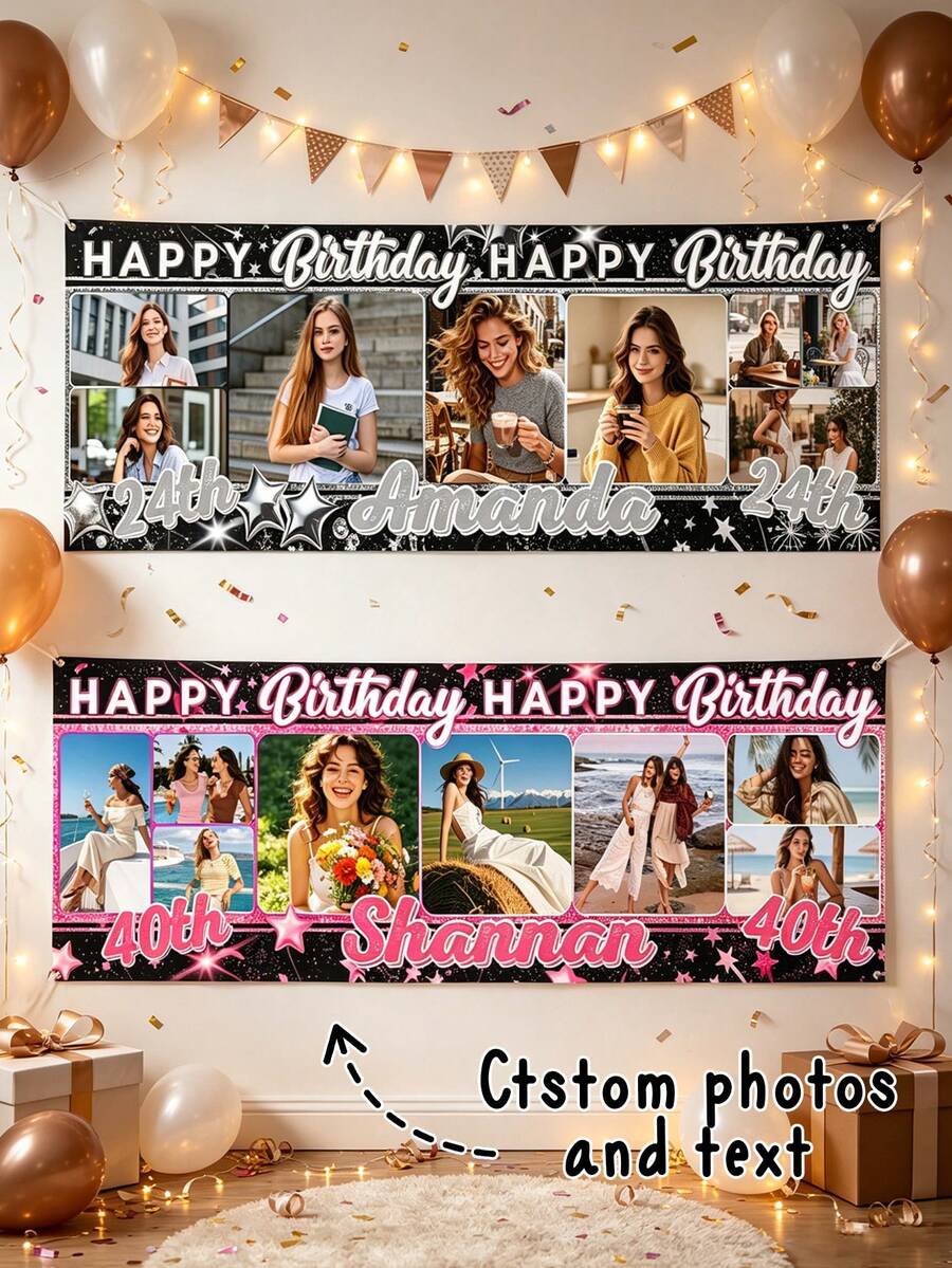 Individuelles Foto-Geburtstagsbanner, personalisierter Name & Alter Happy Birthday Hintergrund, anpassbar mit mehreren Fotos & Text, 21. 24. 30. 40. Geburtstagsparty Dekorationen für Frauen, wandmontiertes Foto-Collage Geburtstagsbanner - Verschiedenfarbig - Übersicht 1