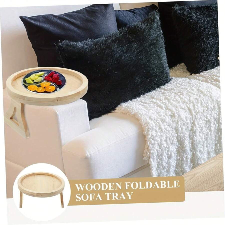 Sofa Arm Tray Table, Clip On Couch Armrest Tray, Foldable Wooden Snack Table For Drinks, Phone, Laptop And Breakfast
