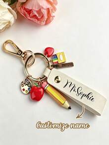 Personalized Teacher Keychain, Teacher Appreciation Gift, Customized Name Leather Keychain, Back To School Gift, End Of Year Teacher Gift - Multicolor - View 4
