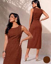 Classic Midi Sheath Dress With A Round Neck And Elegant Design Featuring A Slit And Functional Buttons. - Camel - Ver 4