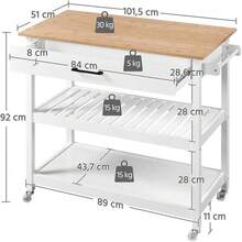 Weißer 3-stufiger Küchenwagen mit Rollen, Servierwagen mit Schublade, Mehrzweck-Aufbewahrungswagen, platzsparend, moderner Stil, Mikrowellenhalter, 101,5 x 51 x 92,5 CZEX - Weiß - Übersicht 2
