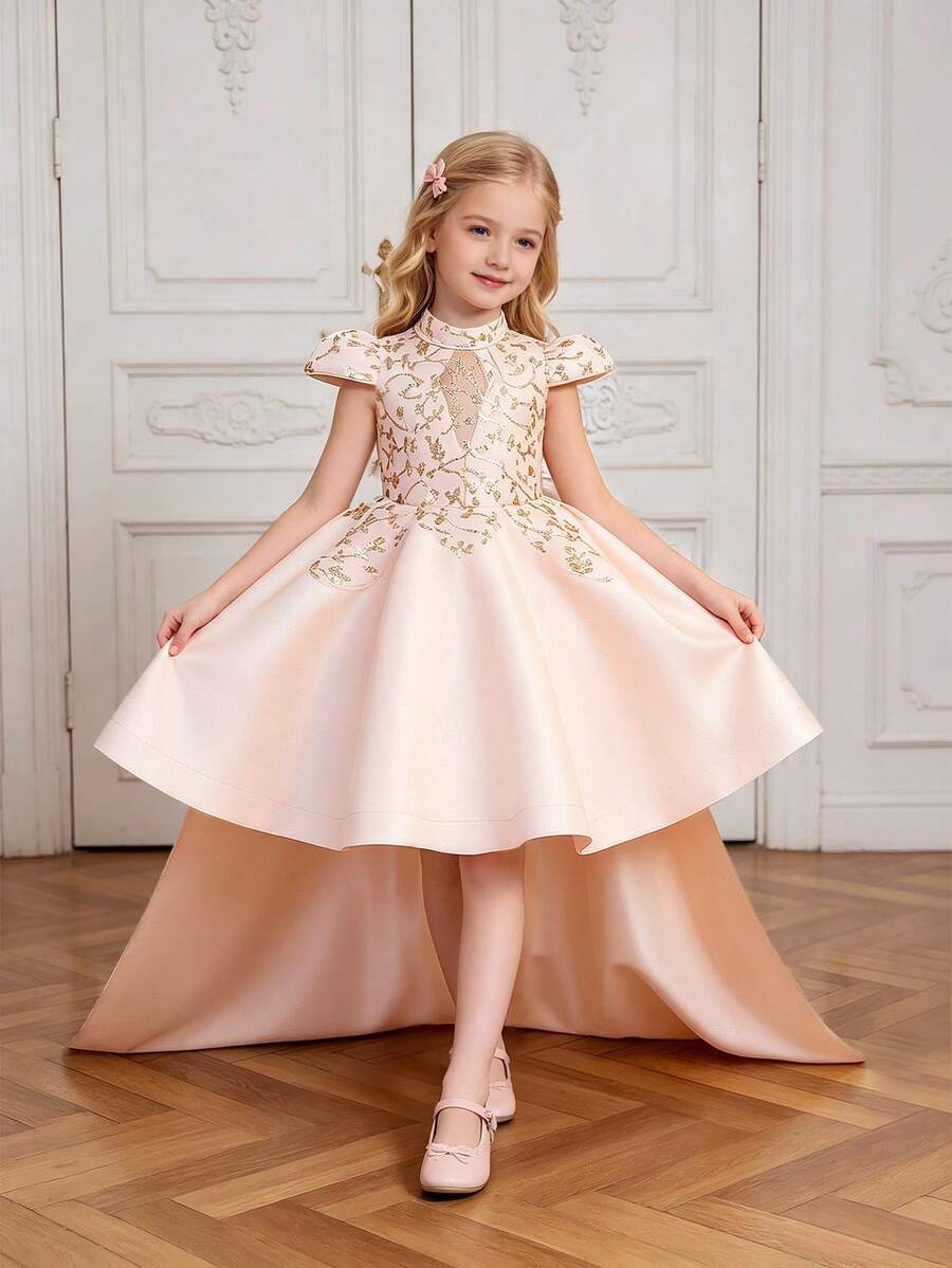 Young Girls Cap Sleeve Sequin Embroidered Satin Elegant Trailing Gown Suitable For Party And Runway, Fabric Pattern Randomly Cut, Headband Not Included - Baby Pink - View 1