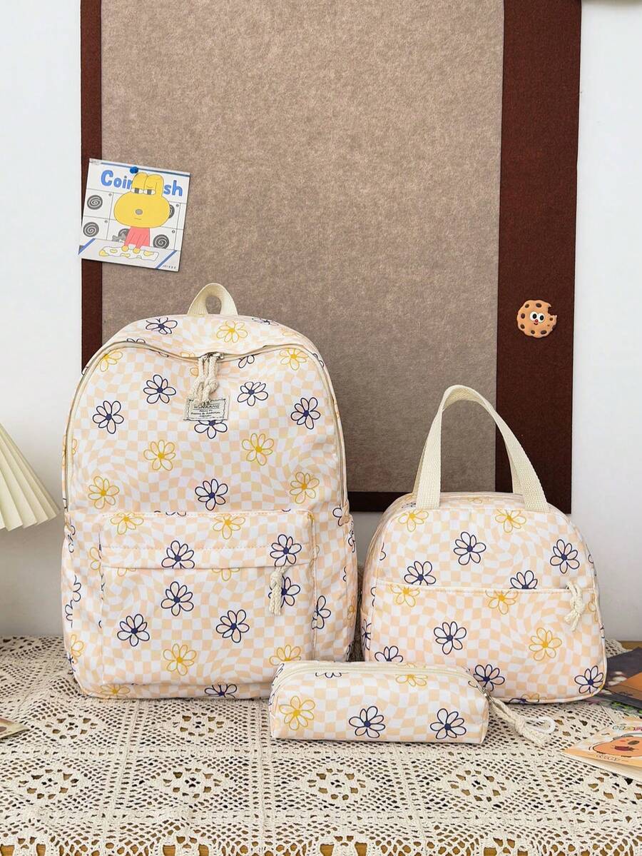1 Set Back To School Backpack Set - Checkerboard/Floral Print Large Capacity Backpack + Lunch Bag + Pencil Case Multi-Piece Set, With Laptop Compartment School Bag, Durable Nylon Backpack, Adjustable Shoulder Straps Backpack - Lightweight Portable Zipper Bag, Suitable For Students/Teenagers/Graduates, Perfect For Outdoor/Travel/Middle School/High School/College, College Essential Backpack - Yellow - View 1