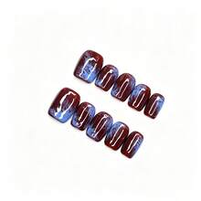 Handmade Fall Nails Artistic Short Square Press-On Nails, Wine Red Base With Misty Blue Ink Swirl Marble Pattern And Hand-Painted White Lines. Abstract Fluid Art Design, Elegant And Versatile For Autumn Daily Wear. - Chocolate Brown - View 5