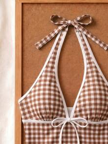 New Summer Fresh Sweet Cute Style Coffee & White Plaid Polka Dot Halter Neck Bikini Set For Beach Vacation Leisure - Multicolor - View 5